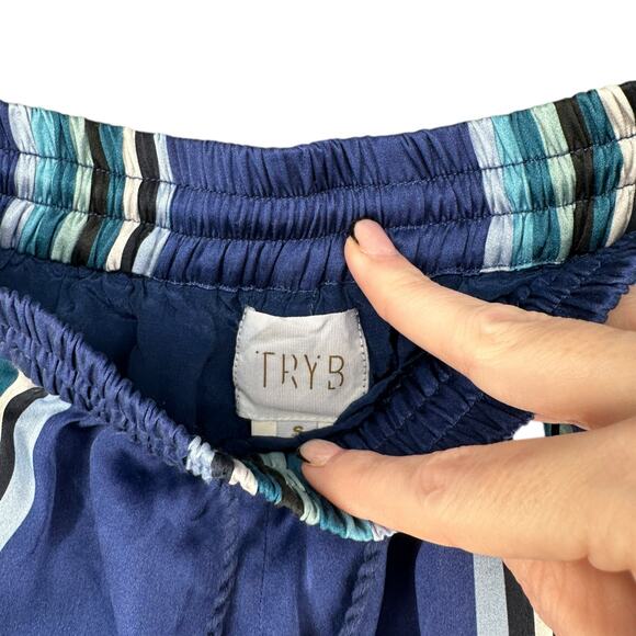 TRYB 100% Silk Pants Palazoo Flow Side Slits Shorts Under Blue Striped Small - Picture 4 of 6